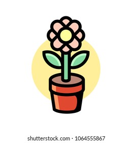 Icon of flower in a pot with water drop. Stylized, cartoon style. Vector, isolated