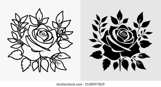 Icon flower Rose vector black and white silhouette  line art coloring book