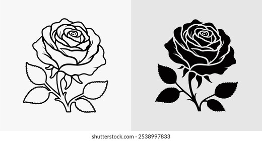 Icon flower Rose vector black and white silhouette  line art coloring book