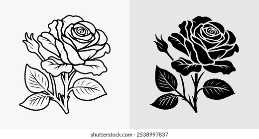 Icon flower Rose vector black and white silhouette  line art coloring book