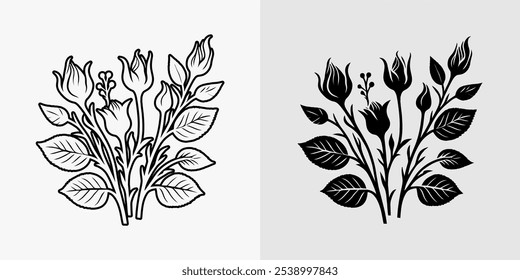 Icon flower Rose vector black and white silhouette  line art coloring book