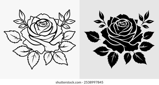 Icon flower Rose vector black and white silhouette  line art coloring book