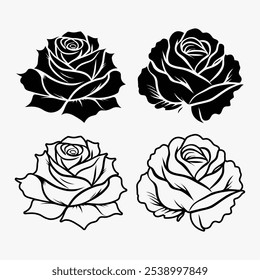 Icon flower Rose Vector negro y blanco silueta línea arte para colorear libro