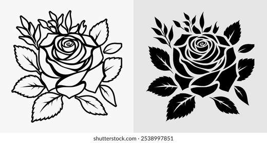 Icon flower Rose vector black and white silhouette  line art coloring book