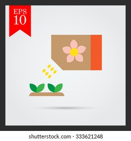 Icon of flower seed packet with few seeds falling out and growing sprouts