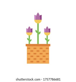 Icono de flores en una canasta de diseño plano. Una planta para la decoración interior de un jardín o apartamento. Ilustración de material vectorial.