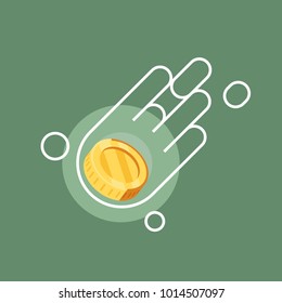 Icon of the flying coin. Fast profit, financial success. Flat vector illustration on green background