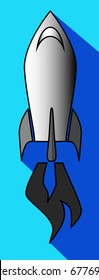 Icon of a flying rocket in the blue sky with a long shadow