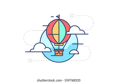 Icon flying in the sky balloon with clouds on white background in flat style with contour