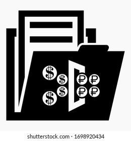 Icon folder and exchange rubles to the dollar. Exchange Rates. Exchange Rate Archive. Bank documents. Vector icon.