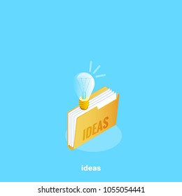 icon folder with a light bulb and an inscription idea, an isometric image