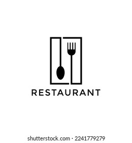 Icon food logo. Fork and Spoon in a box shape. Catering concept. Flat line vector illustration. Nice logo design for restaurant or food