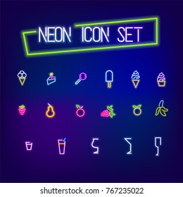 Icon food set neon sign, symbol. Cafe shop colored bar banner. Advertise fruit alcohol ice cream symbol collection. Night lamp shine billboard vector illustration label design. Vintage fashion.