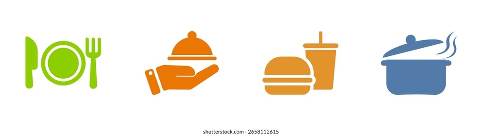 Icono de comida, cuchara y tenedor, servicio, comida rápida, cocina, restaurante. Icono de Vector sólido.