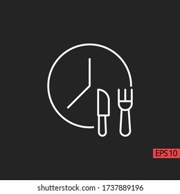 Icon food time with clock line, outline vector sign, linear style pictogram isolated on black. Sign or symbol.