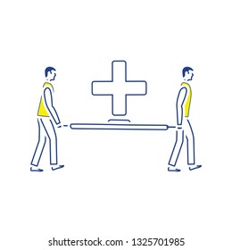 Icon Of Football Medical Staff Carrying Stretcher. Thin Line Design. Vector Illustration.