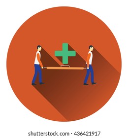 Icon Of Football Medical Staff Carrying Stretcher. Flat Color Design. Vector Illustration.