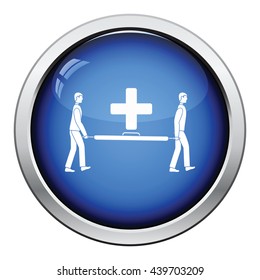 Icon of football medical staff carrying stretcher. Glossy button design. Vector illustration.