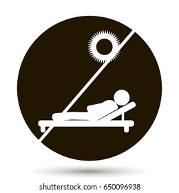 Icon forbidding to be on the beach, prohibiting sunbathing. On a black background
