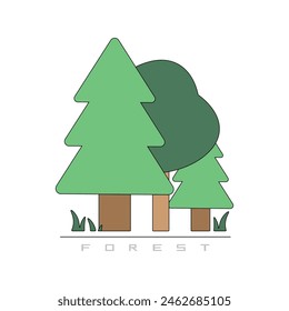 Ikone des Waldes. Flache Kunst. Grüne Bäume. Symbol. Unterschreiben. Karte. Natur. Im Freien. Ruhe. Ökologie. Inschrift. Vektorillustration. Cartoon. 