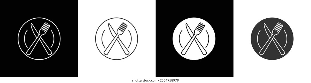 Icon of fork, knife and plate. Restaurant utensil symbol. Symbol of cutlery. Cutlery or tableware in restaurant, kitchen. Vector illustration on black and white background.