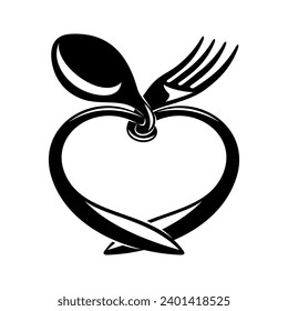 Icon fork with spoon in the shape of a heart on a white background.