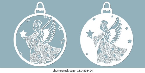 Icon in the form of Christmas toys, angel template, holding a star. Template for laser cutting and plotter.