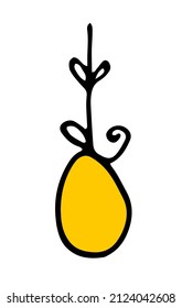 an icon in the form of a colored yellow Easter egg on a ribbon with a bow. a hand-drawn egg painted yellow in the style of doodles in a straight line with a bow and ribbon on white for a template