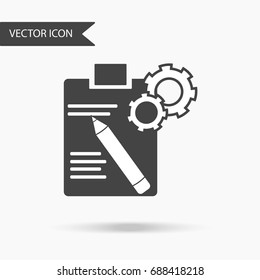 The icon in the form of a document and a pencil with gears on a white background. The flat icon for your web design, logo, UI. Vector illustration.