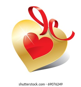 Icon in the form of golden heart with ribbon for themes like love, Valentine's day, holidays. Vector illustration.