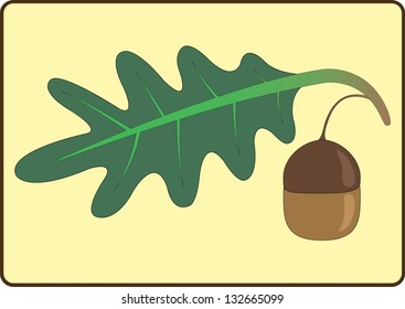 Icon in the form of oak leaves and acorns on a yellow background
