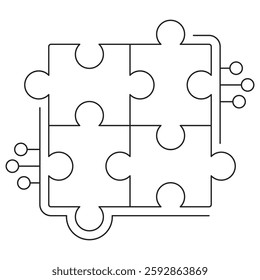 Icon of four interlocking puzzle pieces connected with circuit lines, symbolizing AI integration, digital solutions, and system connectivity. A vector pictogram with editable line thickness