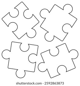 Icon of four separate puzzle pieces, symbolizing problem-solving, strategy, and teamwork. A vector pictogram with thin black lines on a transparent background, with editable line thickness
