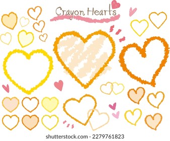 Icon frames of various sizes of cute hearts with hand-drawn crayon touch, yellow and orange set