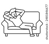 icon of free time on sofa, taking a nap after work, hands behind head, relaxation line symbol on white background - editable stroke vector illustration eps10