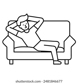 icon of free time on sofa, taking a nap after work, hands behind head, relaxation line symbol on white background - editable stroke vector illustration eps10