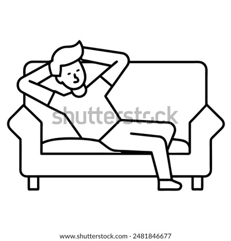 icon of free time on sofa, taking a nap after work, hands behind head, relaxation line symbol on white background - editable stroke vector illustration eps10