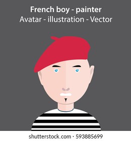 Icon of french boy painter wearing a red hat on his head. Vector illustration. Avatar. Flat design silhouette, isolated character on grey background.