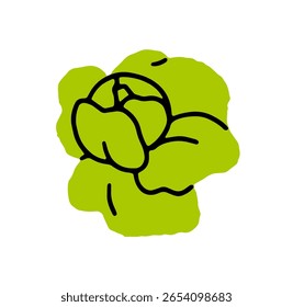 Ícone da cabeça de repolho fresca. Vegetal maduro com folhas verdes. Comida agrícola orgânica, vegetariana natural. Agricultura para uma alimentação saudável. Ilustração de vetor desenhada à mão isolada plana sobre fundo branco