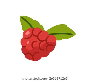 Icon of fresh raspberry. Red forest berry with green leaves. Healthy food, sweet plant fruit, garden crop. Natural eating, organic product. Flat isolated vector illustration on white background