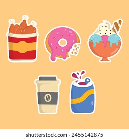 icon fried chicken, donut, ice cream, coffe, soft drink delicious fast food and drink vector illustration sticker concept.premium vector illustration