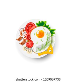 Icon Fried Eggs for Breakfast. Vector Icon Healthy Food in Cartoon Style. Illustration of Appetizing Egg with Vegetables on Plate. Concept of Full Meal for Breakfast. Icon of Hot Scrambled Eggs.