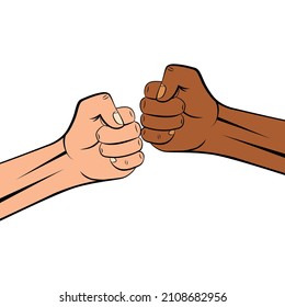 Icon of friendly bumping of interracial clenched fists together. Concept of team work, partnership, friendship and unity. Greeting hands gesture. Vector illustration