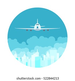 Icon Front View of Plane, Airplane Flying High in the Sky among the Clouds, Vector Illustration 