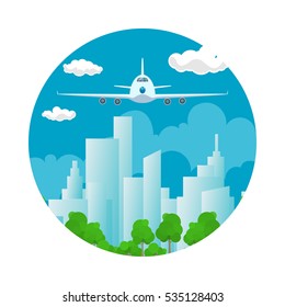 Icon Front View of Plane, Airplane in the Sky on Background of the City, Vector Illustration 
