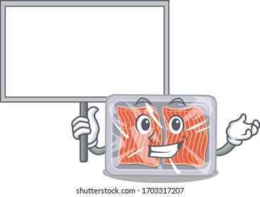 An icon of frozen salmon mascot design style bring a board
