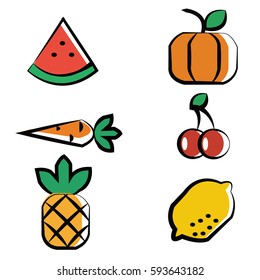 icon fruit and vegetable cartoon vector ( watermelon pumpkin carrot cheery pineapple lemon )