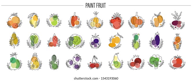 Icon fruit and vegetable set. Hand drawn naive style.Vector illustration.