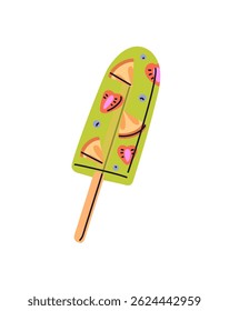 Icon of fruity ice cream, frozen lolly. Popsicle with pieces of fruit. Icecream from juice, berries, slices on wooden stick. Cold summer dessert. Flat isolated vector illustration on white background