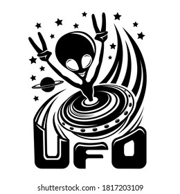 Icono con alienígena extraterrestre gracioso volando en el espacio sobre fondo blanco.